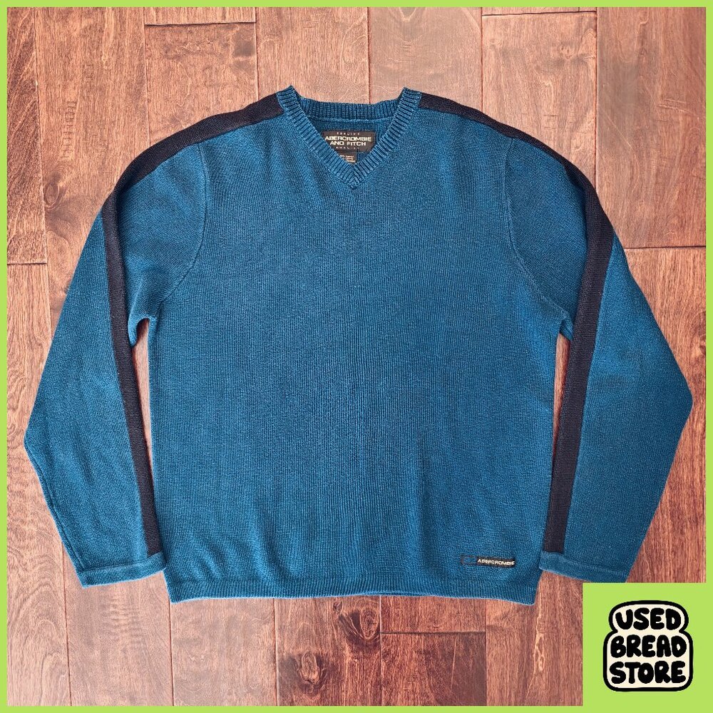 Vintage 90s Mens L Abercrombie & Fitch 92 Navy V-neck Stripe Knit Sweater Retro